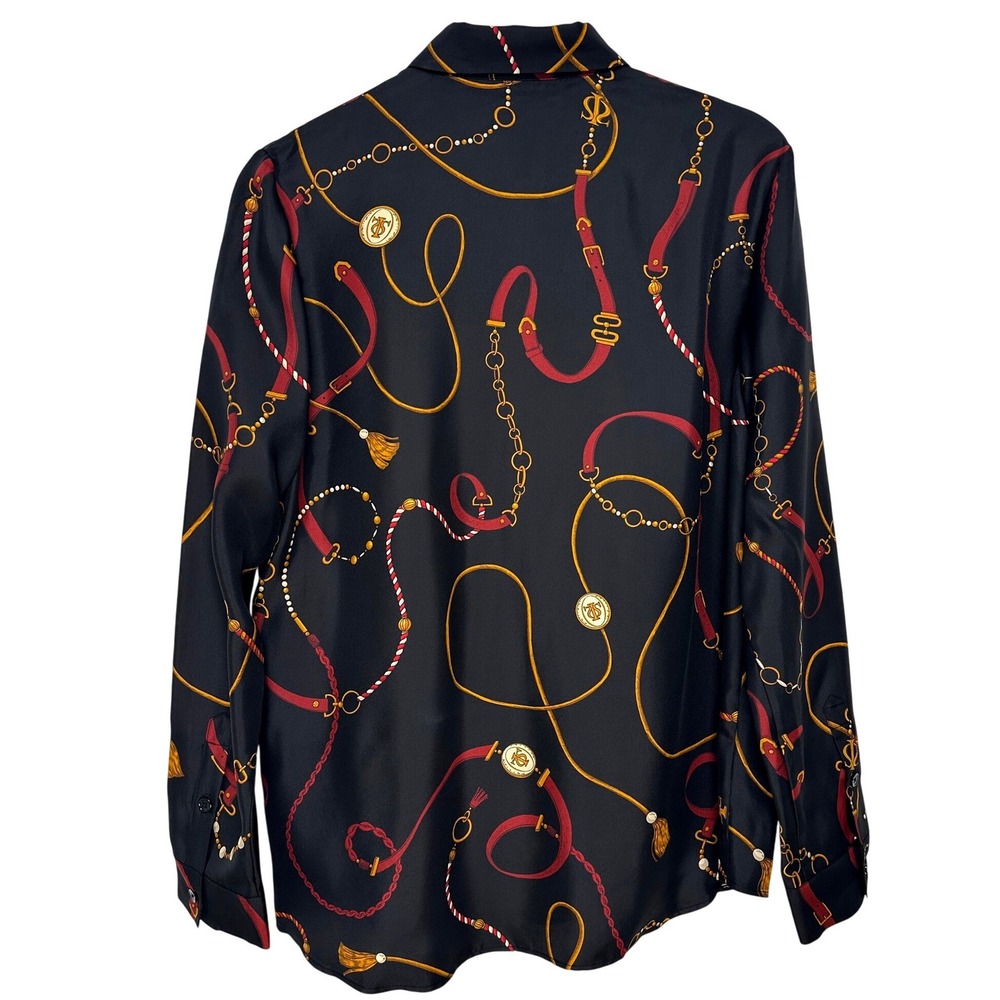 Lilysilk Louisville Print Silk Shirt Black Equestrian Chain Belt Blouse M - Picture 4 of 15